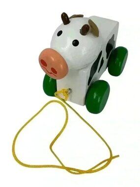 Wooden Cow Pull Along Toy Hand Painted Made in Europe New